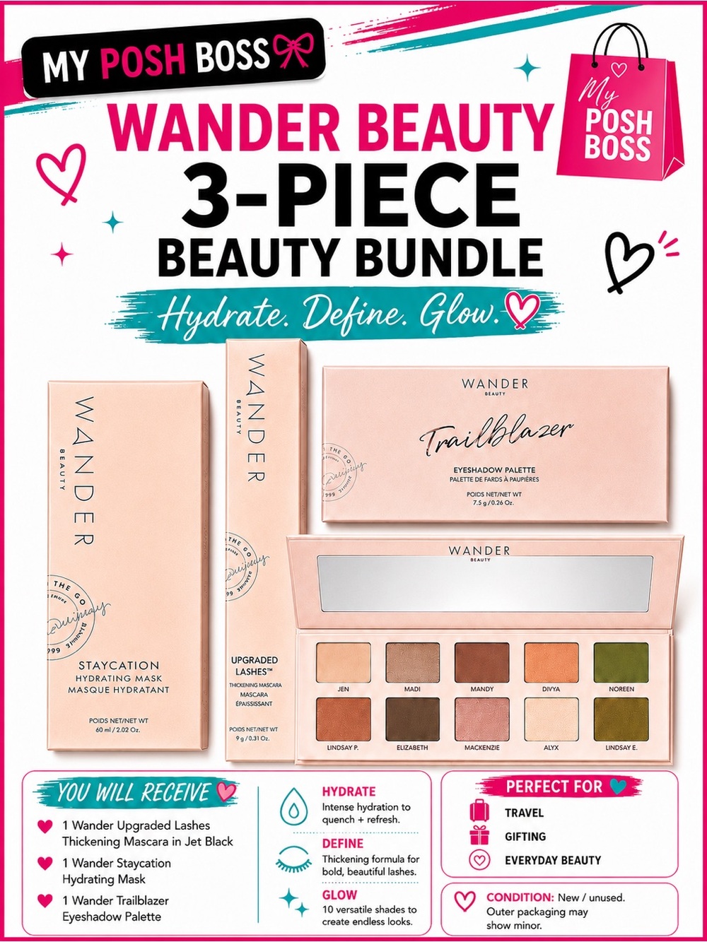 Wander Beauty 3-Piece Bundle Trailblazer Palette + Mascara + Staycation Mask NEW